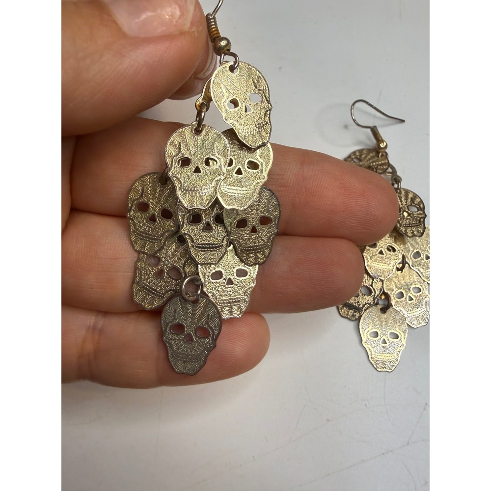 Gold Tone Skull Chandelier Drop Earrings Etched Dangle Gothic Biker Statement